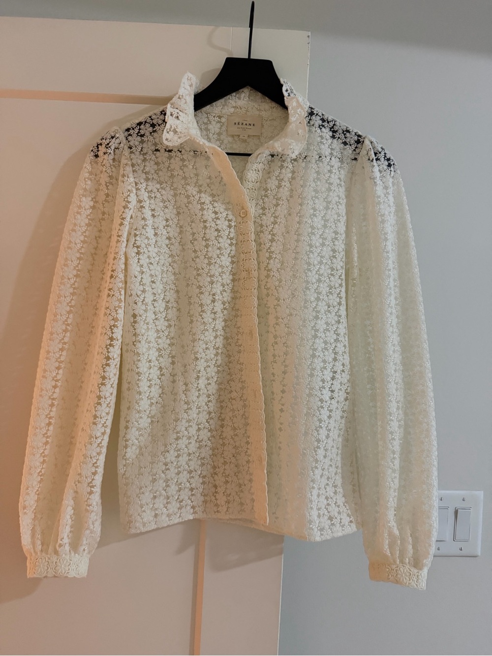 Sezane Ivory Floral Lace Button-Up Blouse